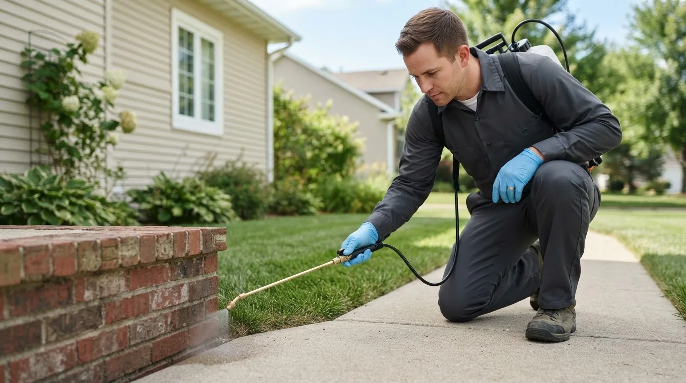 Pest control technician treating a home near Madison, NE