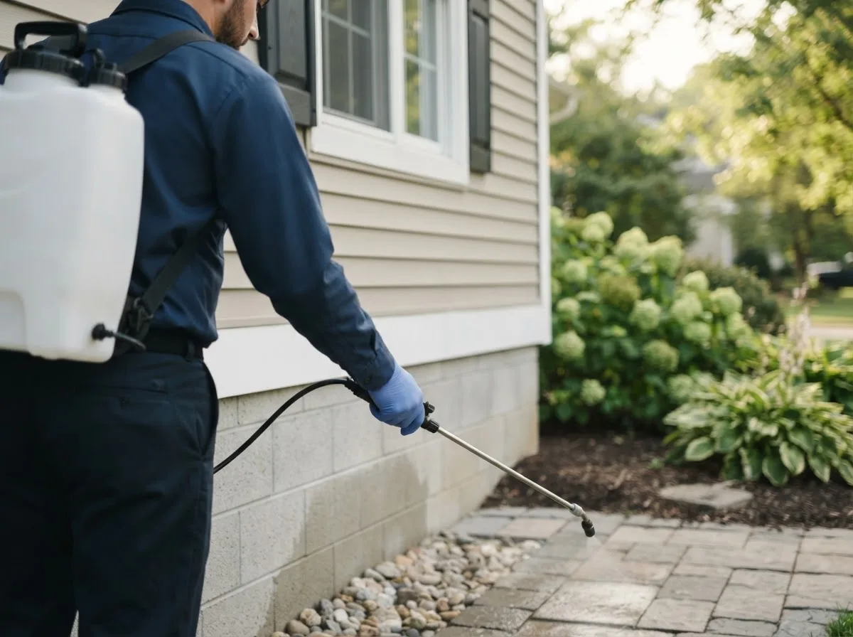Pest control technician inspecting a home in Madison, NE